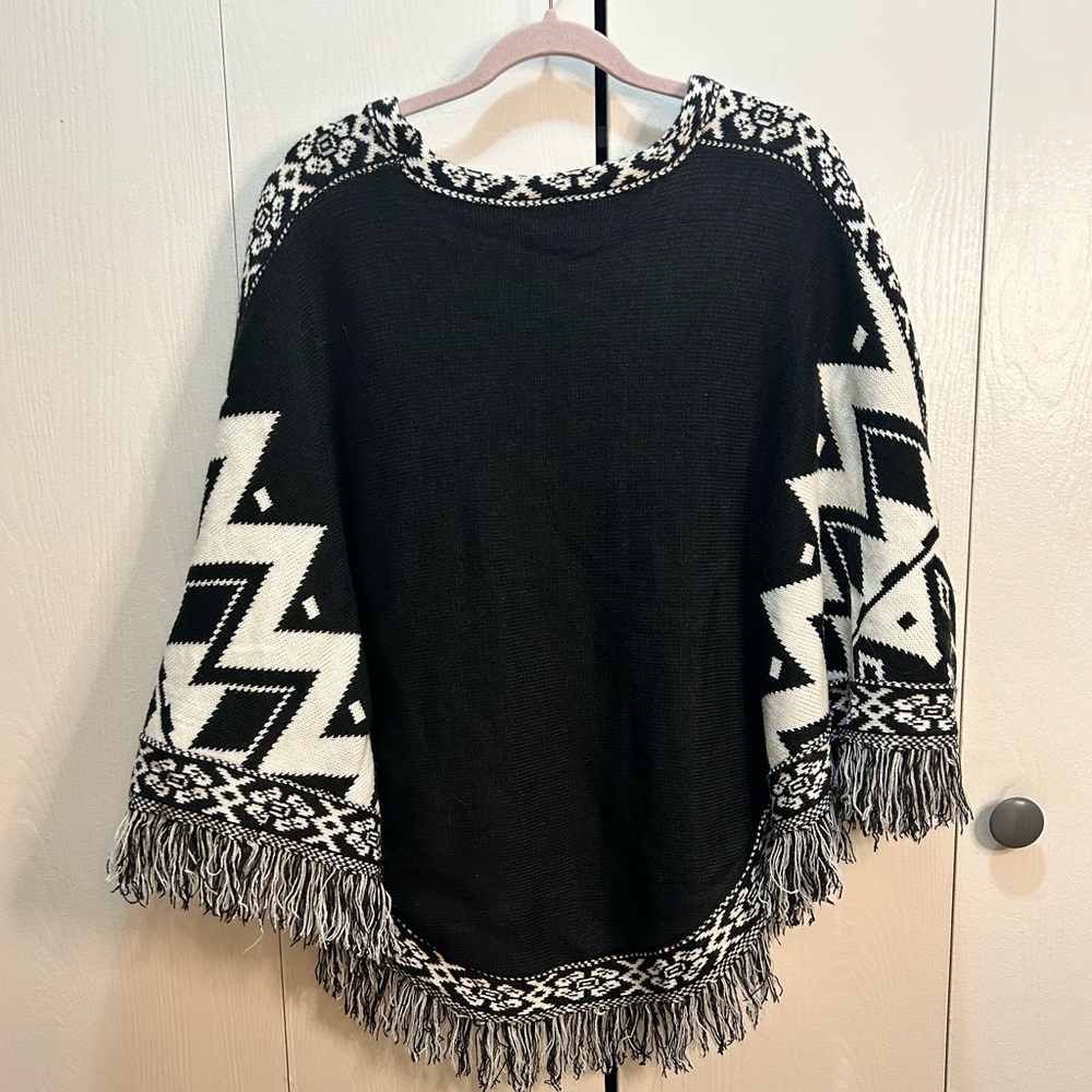 Black and White Fringed Poncho Sweater